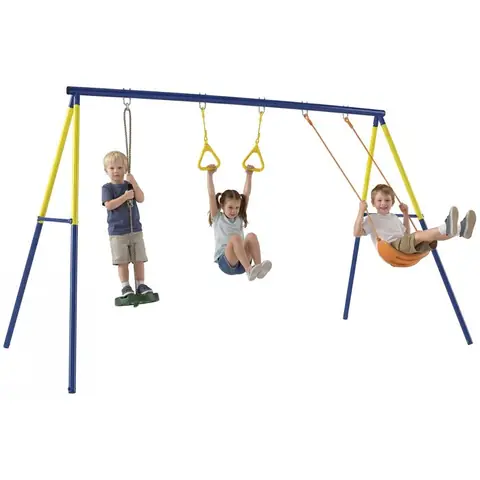 Portique Balancoire Enfants - AIYAPLAY - 3 en 1 - 2 Balançoires 2 Anneaux Gymnastique - Acier - 285x160x181cm - Multicolore