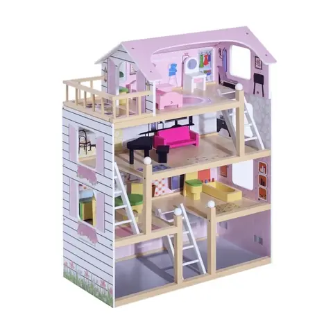 Maison de poupée - HOMCOM - en bois jeu dimitation 4 étages 13 accessoires multi-équipement - bois - 60x30x80cm - blanc rose