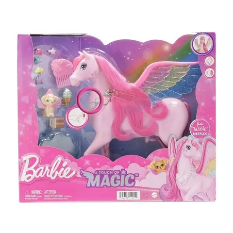 Barbie - Pegase rose sons et lumiere ailes multicolores 10 accessoires - Cheval Magique - Set Jouet Fille + carte animaux