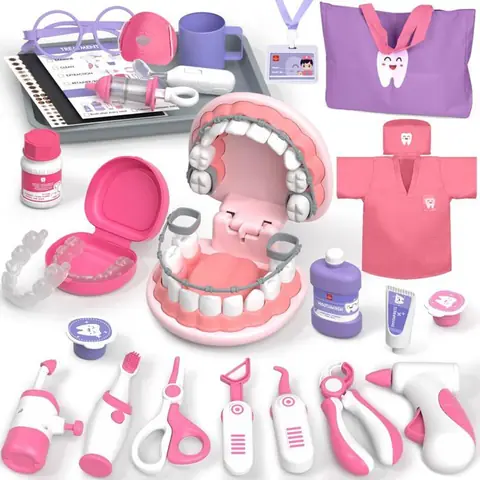 Malette Docteur EnfantKit de DentisteJeux Enfant 3 AnsJouets de Dentiste pour Enfantspour Filles et Garçons de 3-8 Ans(Rose)