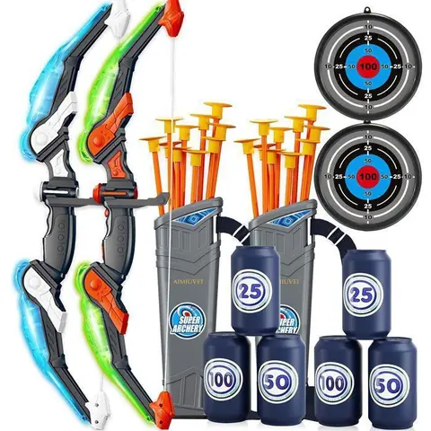 Jeu de flèches et darc - AIMIUVEI - 2 arcs - 20 flèches à ventouse - 2 cibles - 6 bouteilles en plastique