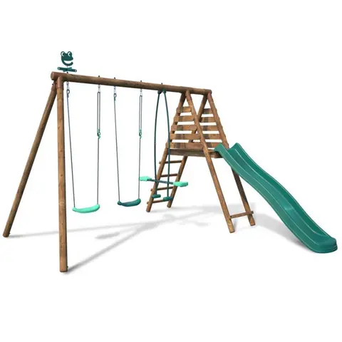 Portique en bois rond 3 agrès avec face à face et toboggan VIOLETTE