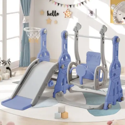 Aire de jeux multifonctionnelle 4 en 1 - Childrens Paradise - Bleu - Toboggan balançoire panier de basket
