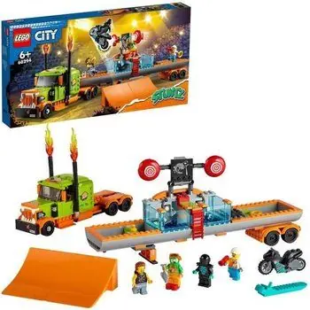 LEGO® 60294 City Stuntz Le Camion de Spectacle des Cascadeurs, Moto à Rétrofriction, Bassin, Jouet de Construction pour Enfants