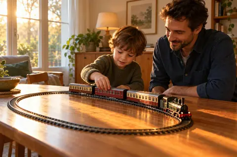 Un enfant et un adulte regardent un petit train électrique sur un circuit ovale complet à la maison.