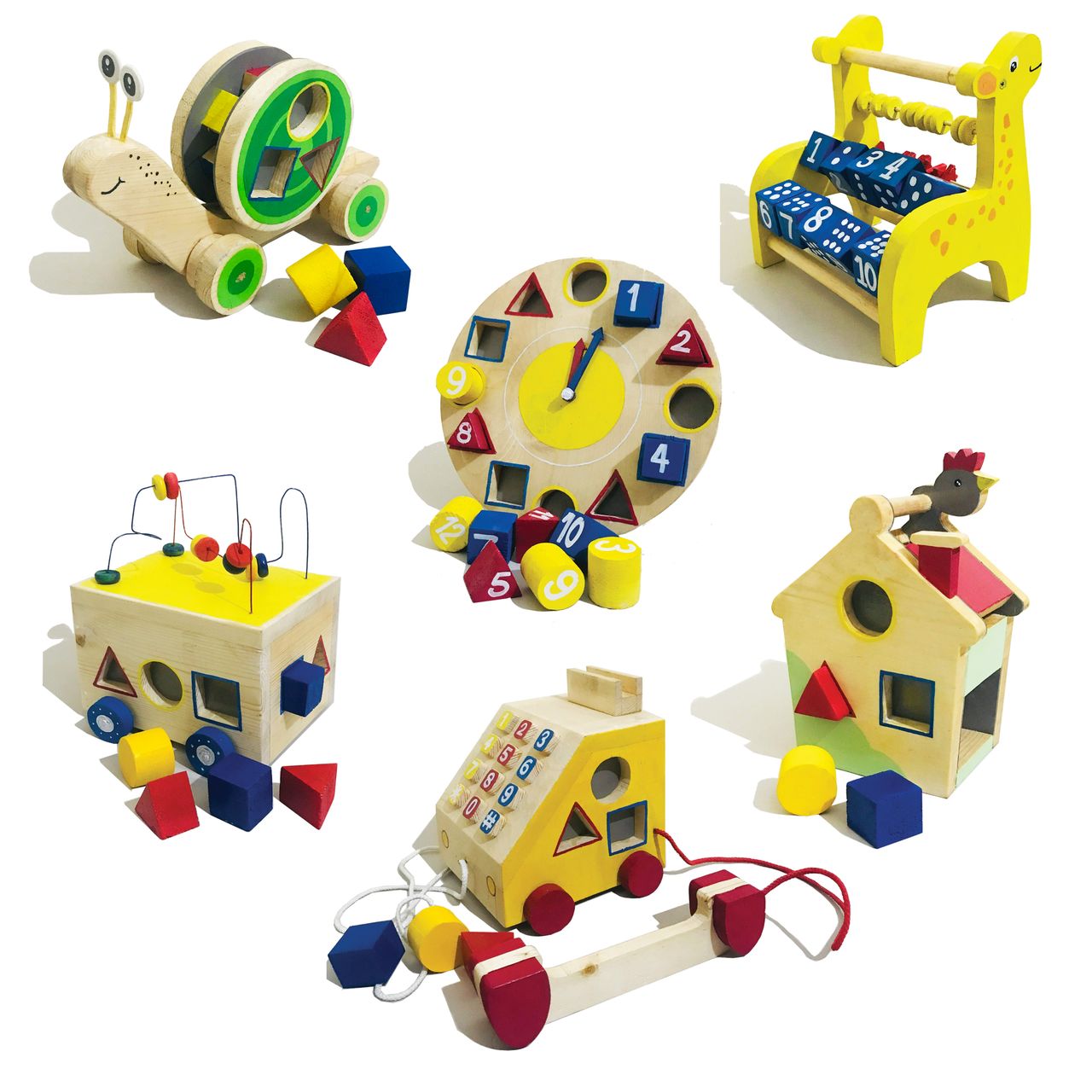 Assortiment de jouets éducatifs en bois et carton recyclé, fabriqués en France pour l’éveil des enfants.