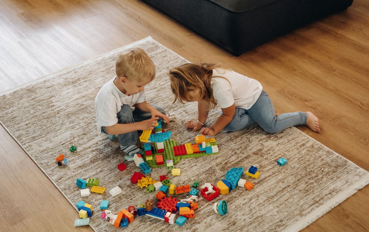 Deux enfants jouent avec des Lego sur un tapis, une idée de jouet 9 ans et plus.