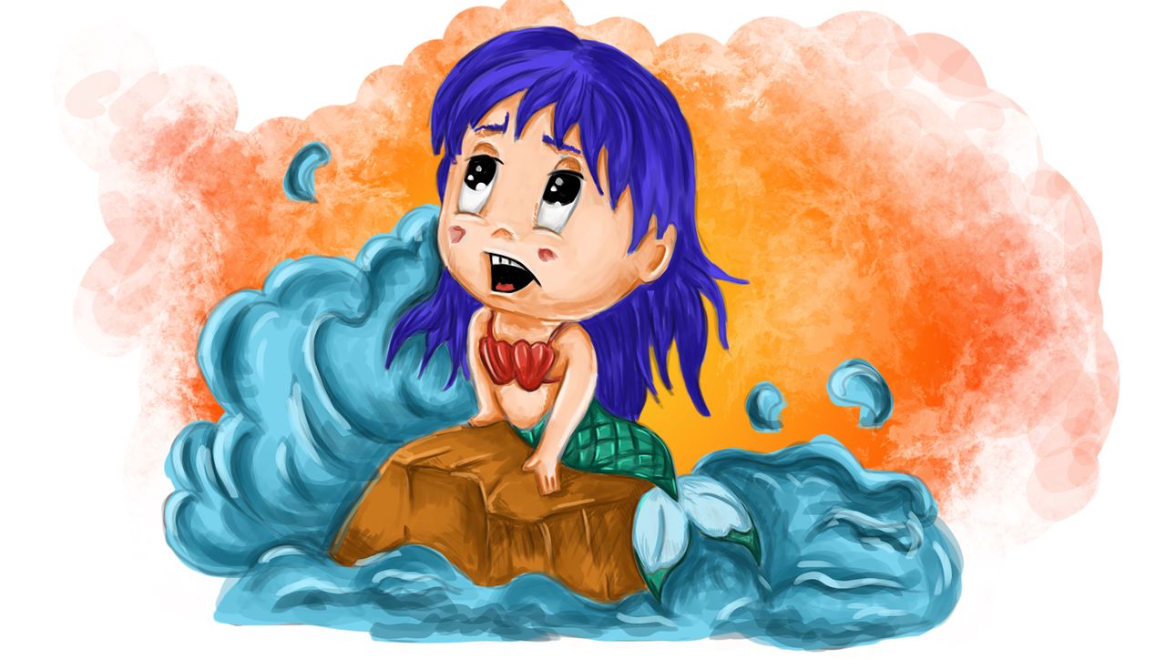 Illustration chibi d’une petite sirène kawaii assise sur un rocher au milieu de l’eau