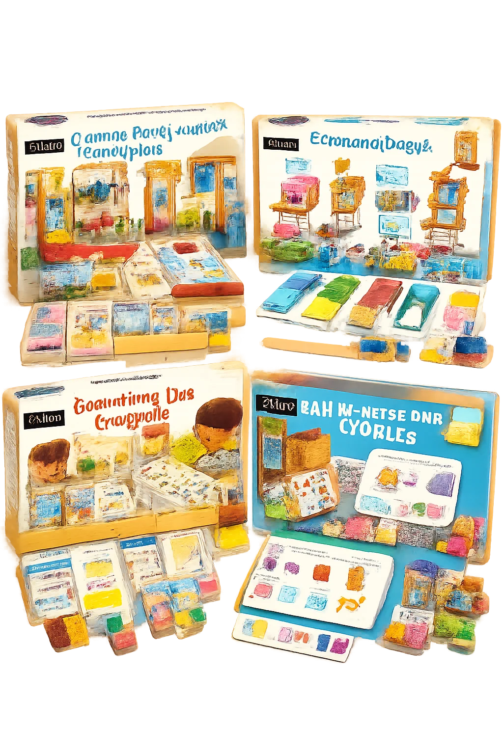 Quatre jeux Nathan éducatifs colorés pour apprendre les chiffres en maternelle avec du matériel pédagogique.