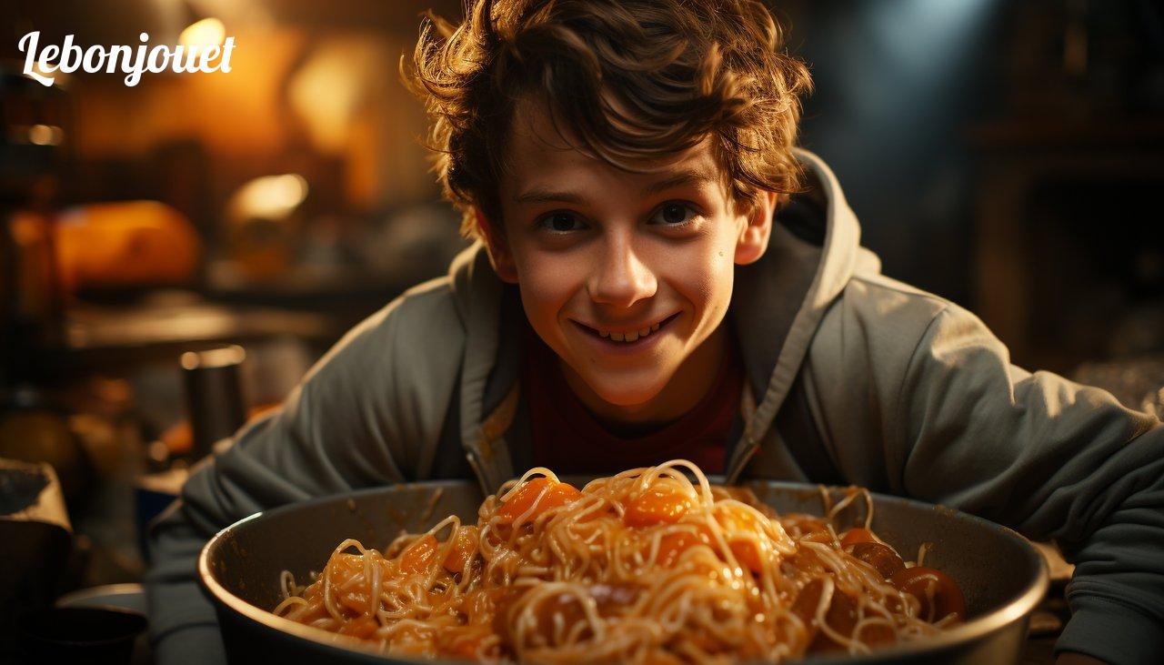 Un jeune héros face à un défi culinaire, sourire et résilience comme Spider-Man.