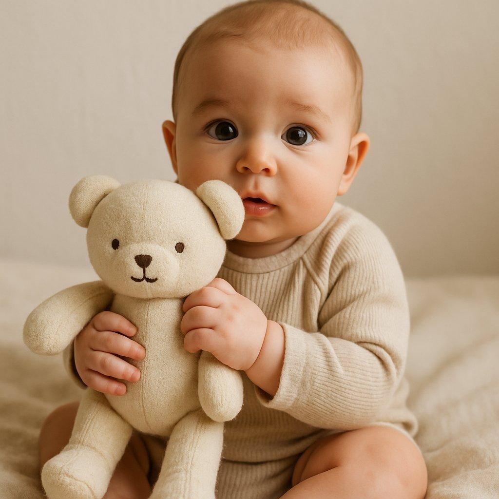 Baby holding organic cotton plush, un doudou doux et facile à saisir pour le confort du bébé.