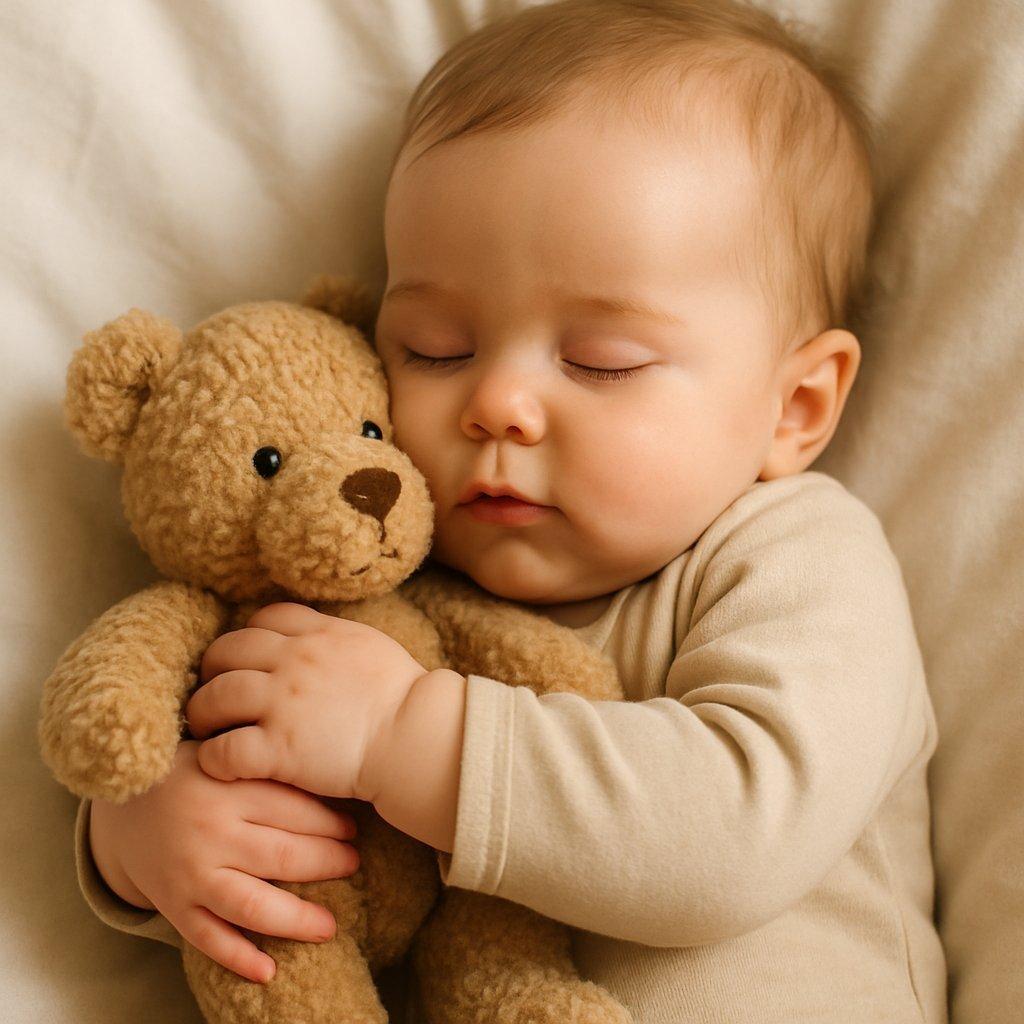 Bébé câline son nouveau teddy doux, favorisant une transition apaisante avant les fêtes de fin d’année.