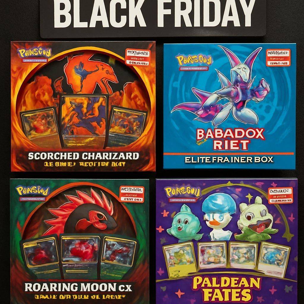 Coffrets Pokémon collector boxes Black Friday 2025 avec illustrations et accessoires exclusifs.