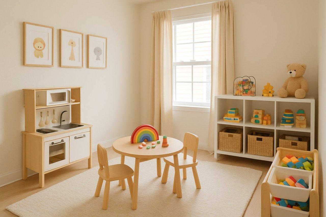 Coin dédié avec doudous bien rangés et jouets d’éveil dans une organized toddler playroom chaleureuse.