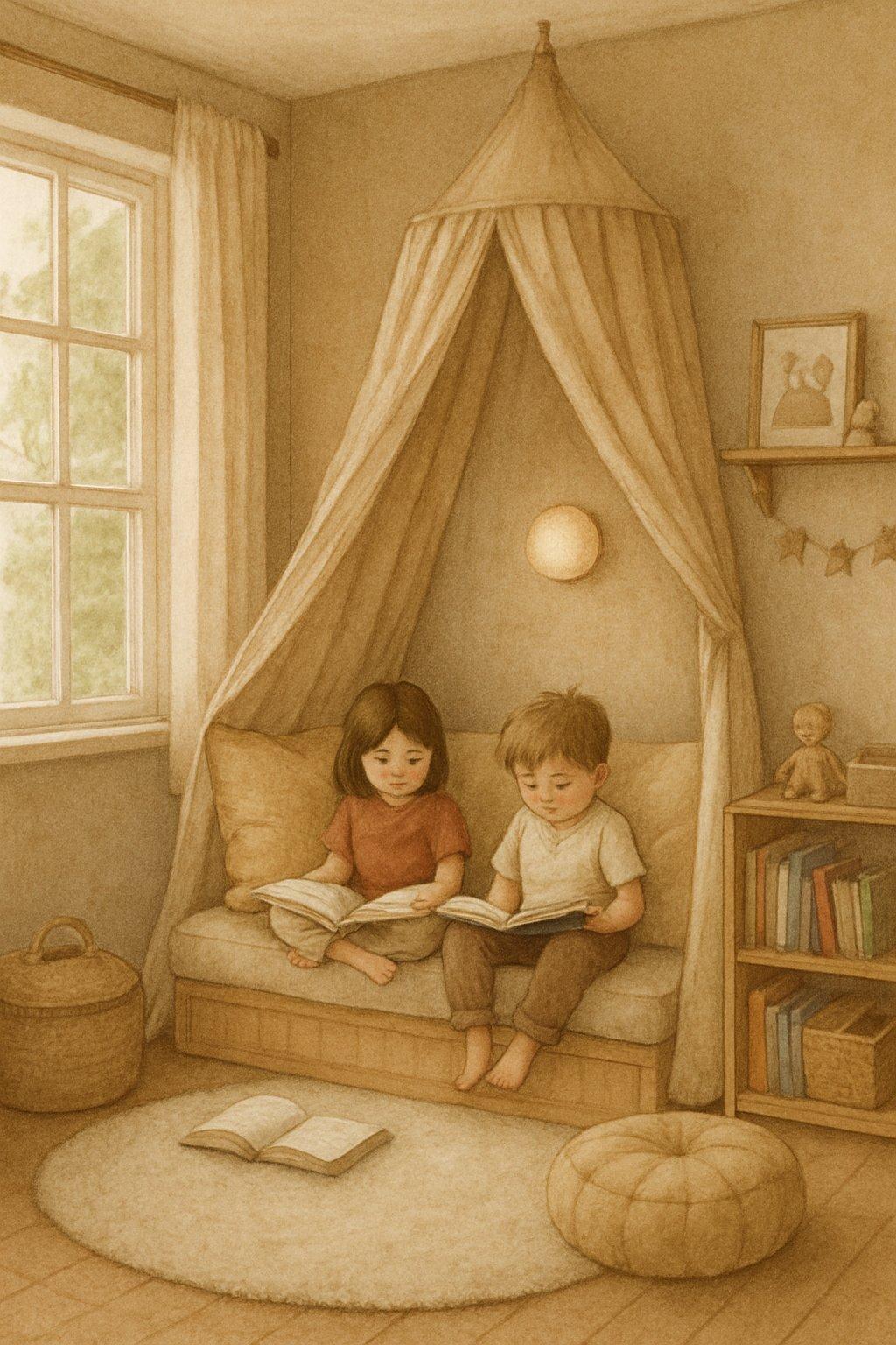 Coin lecture enfant cozy avec bibliothèque basse, tipi, coussins colorés et guirlandes lumineuses.