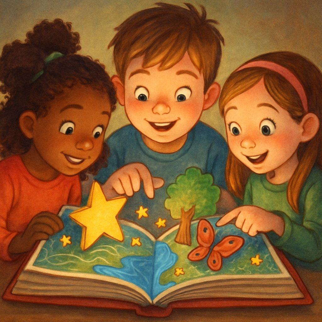 Des enfants découvrant un livre interactif bilingue Disney, favorisant lecture et jeux pour enfants reading interactive book.