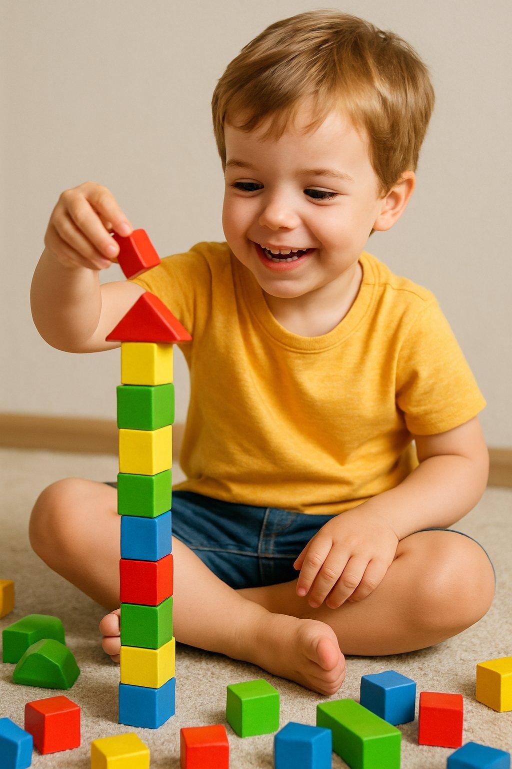Enfant jouant avec des building blocks colorés, parfaits pour développer sa créativité et sa motricité.