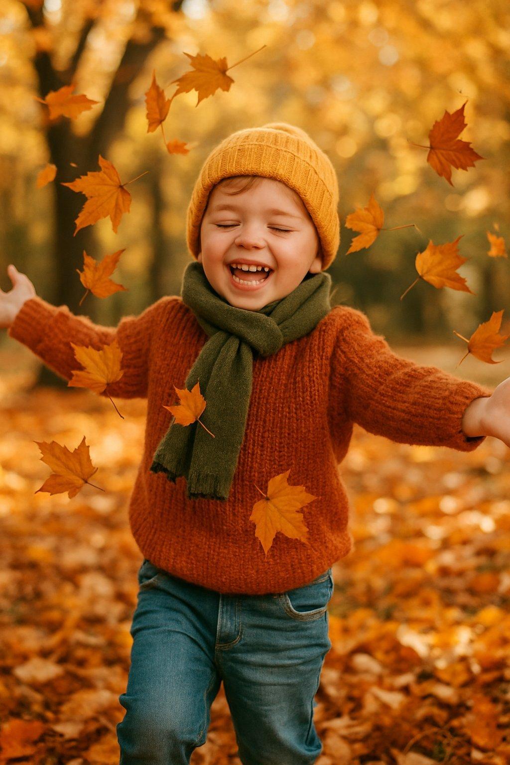Enfant jouant avec ses autumn leaves, une activité créative et ludique avec son doudou en forêt.