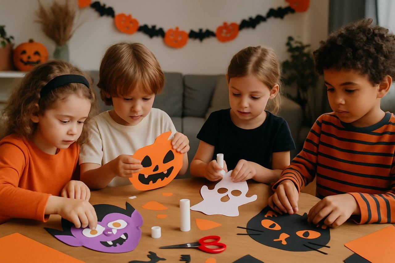 Enfants créant des Halloween masks craft lors d’un atelier familial créatif et ludique.