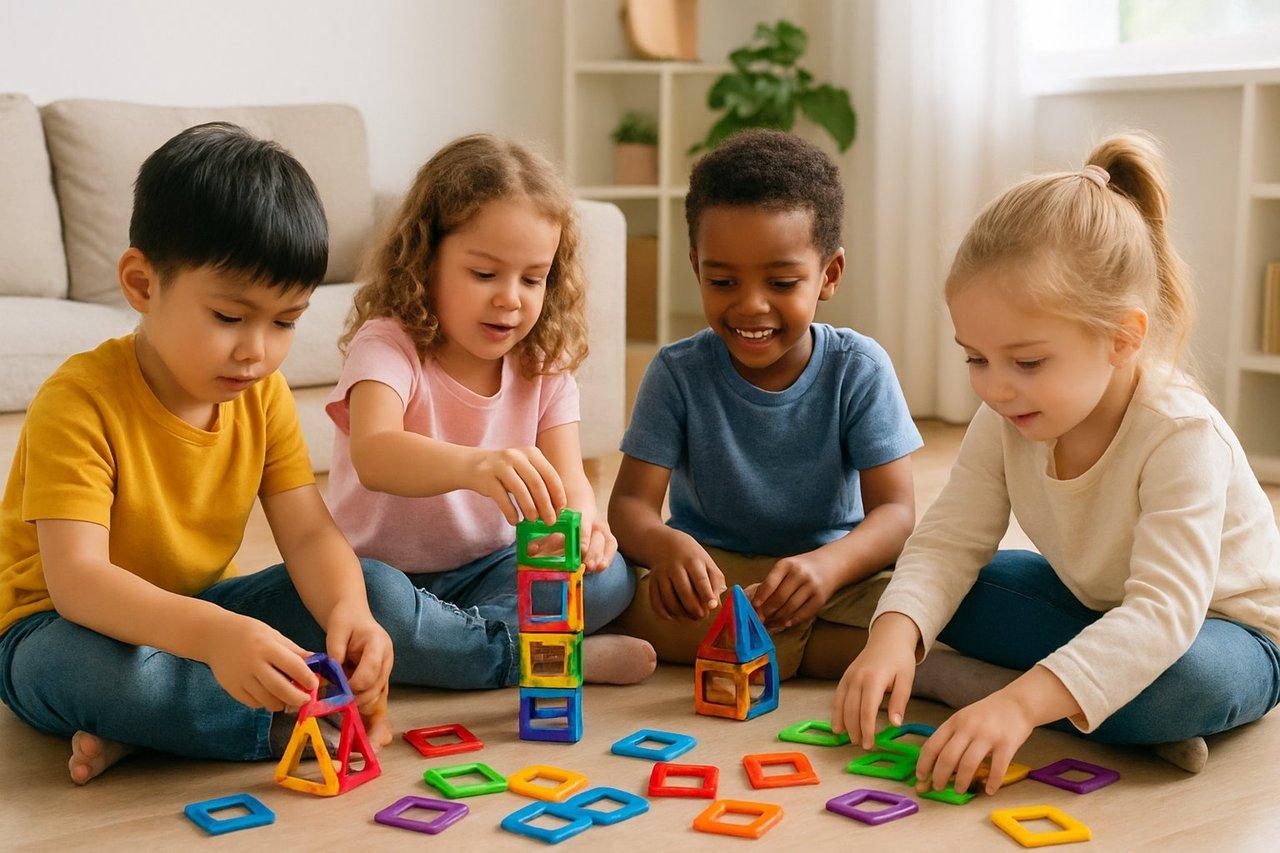 Enfants jouant avec des jouets magnétiques, une activité ludique et éducative autour de la table.