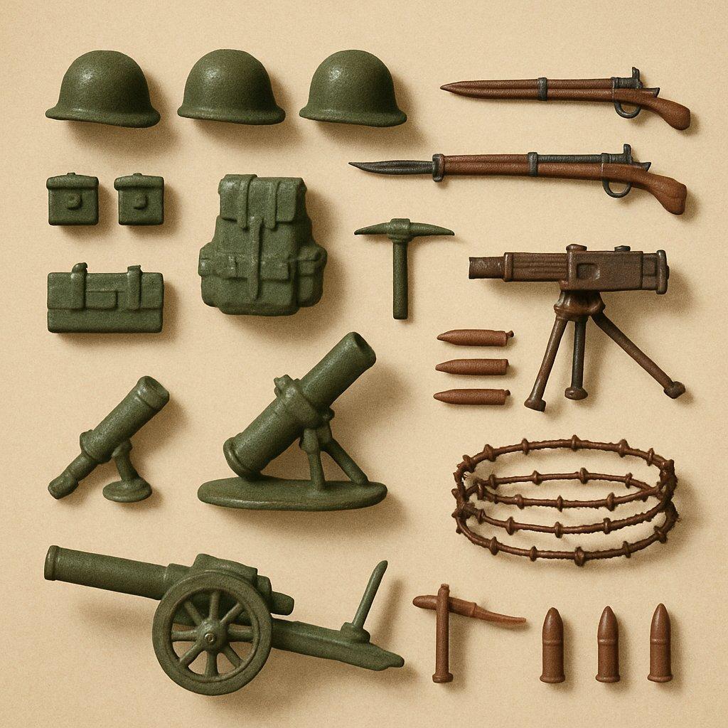 Figurines de soldats J.K. SCH en plomb creux avec accessoires vintage toy soldiers accessories d'époque.
