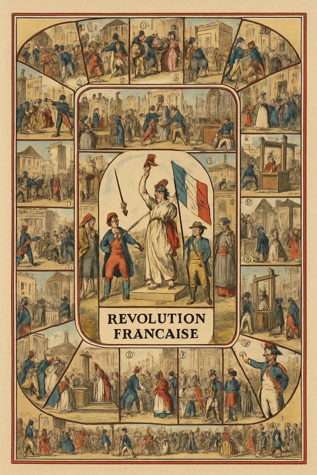Lithographie colorée illustrant un jeu de société sur la Révolution française, représentant une French Revolution boardgame lithograph.