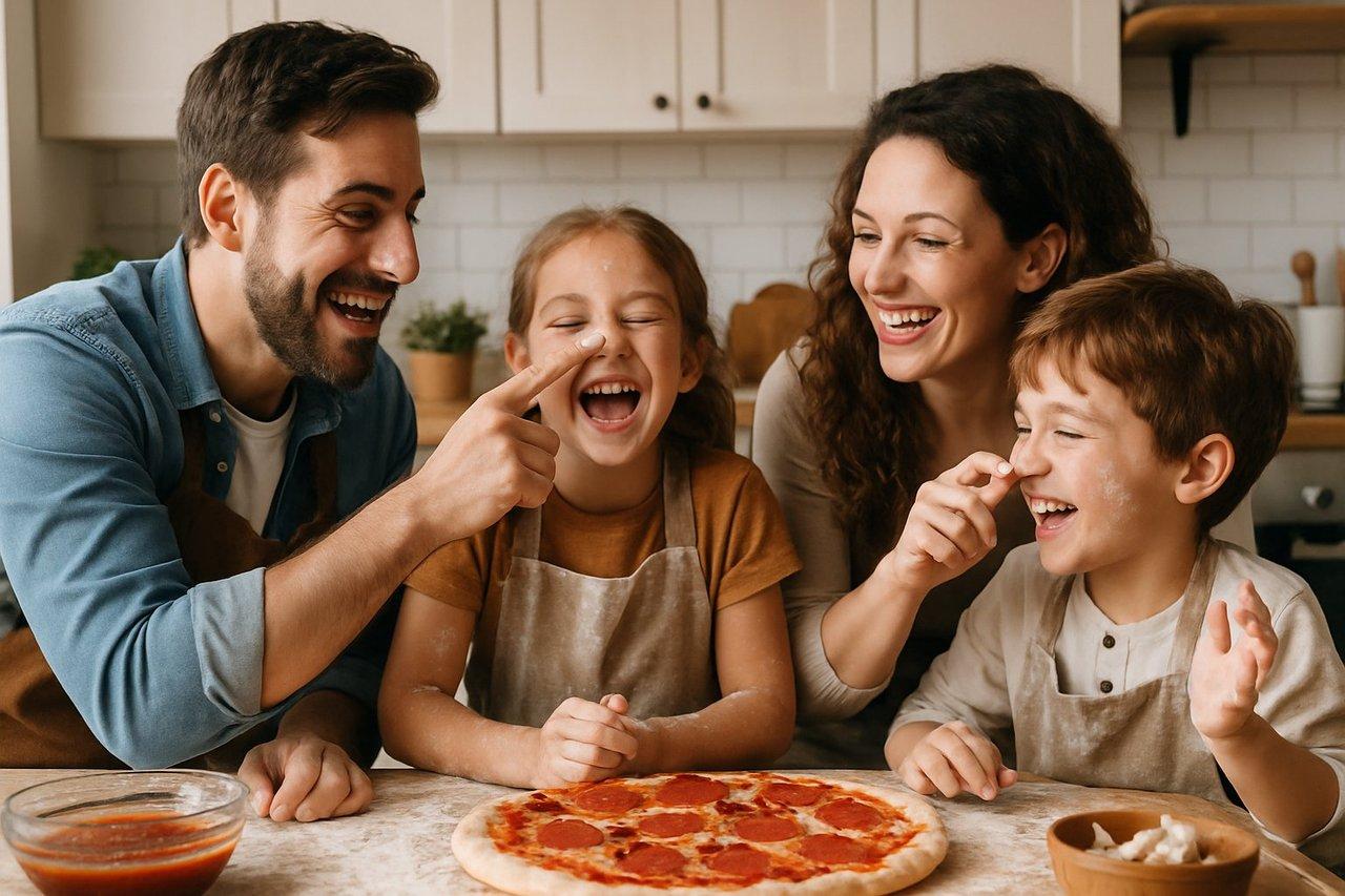 Moments de famille autour de la cuisine, enfants et parents préparant une pizza ludique avec Labubu.