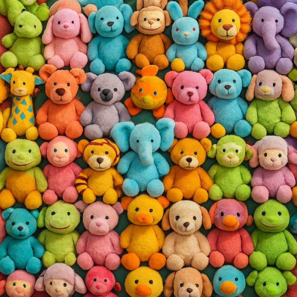 Mur d’exposition DIY avec des peluches colorées sur un panneau de poches en toile, parfait pour une chambre d’enfant.