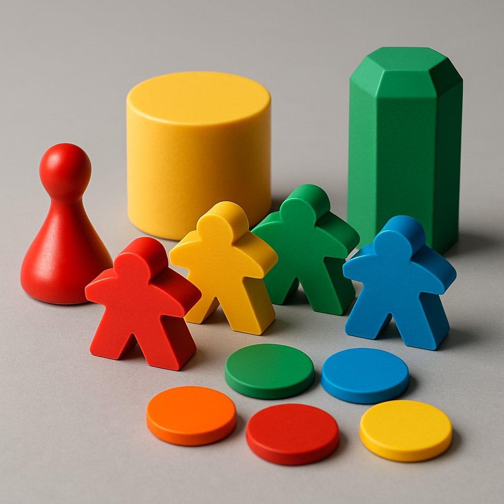Plateau de jeu moderne avec des pièces en bois et tuiles colorées, illustrant des modern board game pieces.