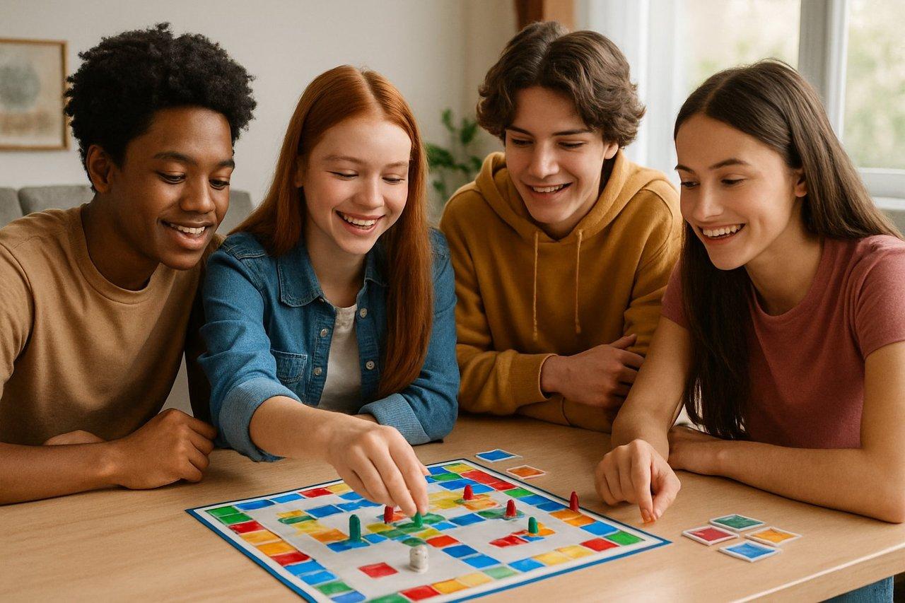 Teenagers playing board game Kosmopoli:t avec cartes multilingues lors d'une partie conviviale.