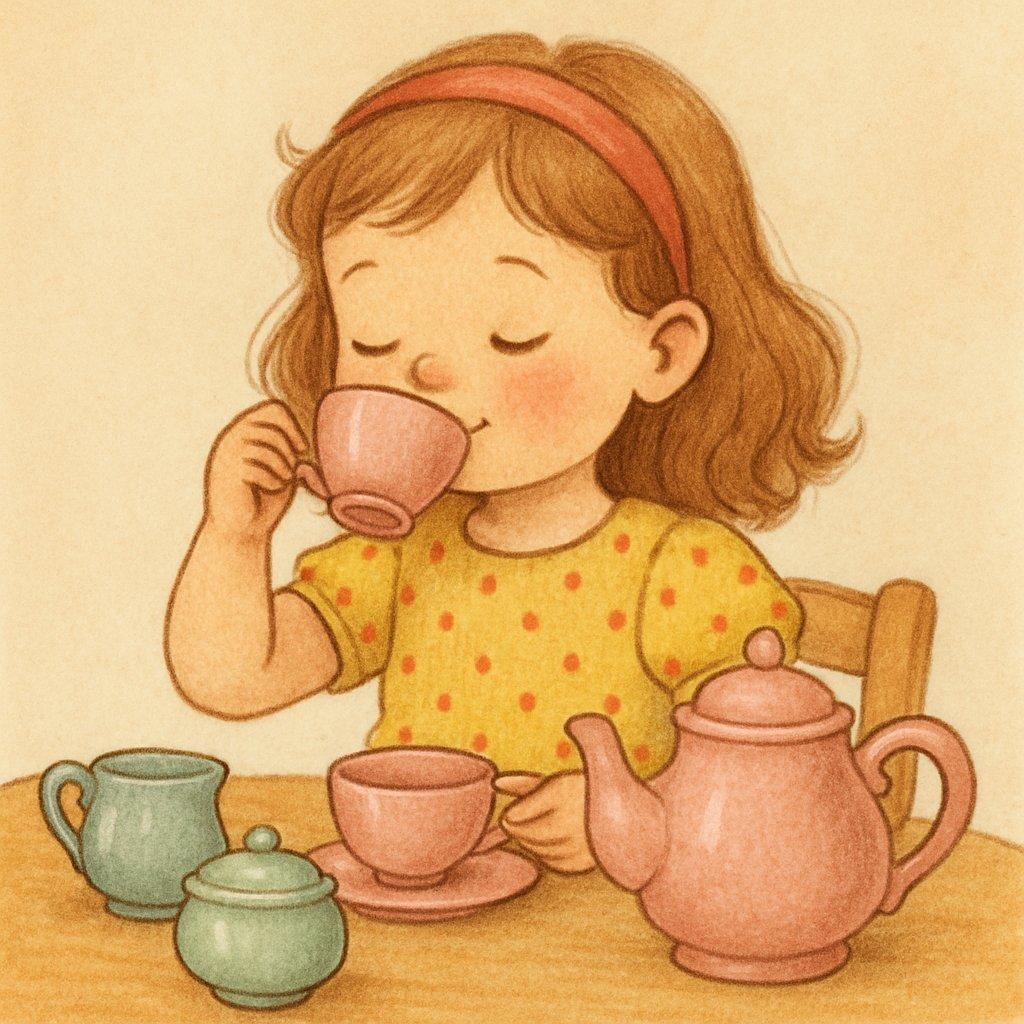 Un enfant dégustant une tisane avec un child drinking tea set coloré et adapté aux filles de 3 à 5 ans.
