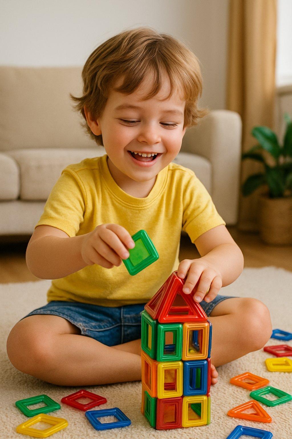 Un enfant jouant avec des blocs magnétiques Minecraft colorés et solides sur une table.