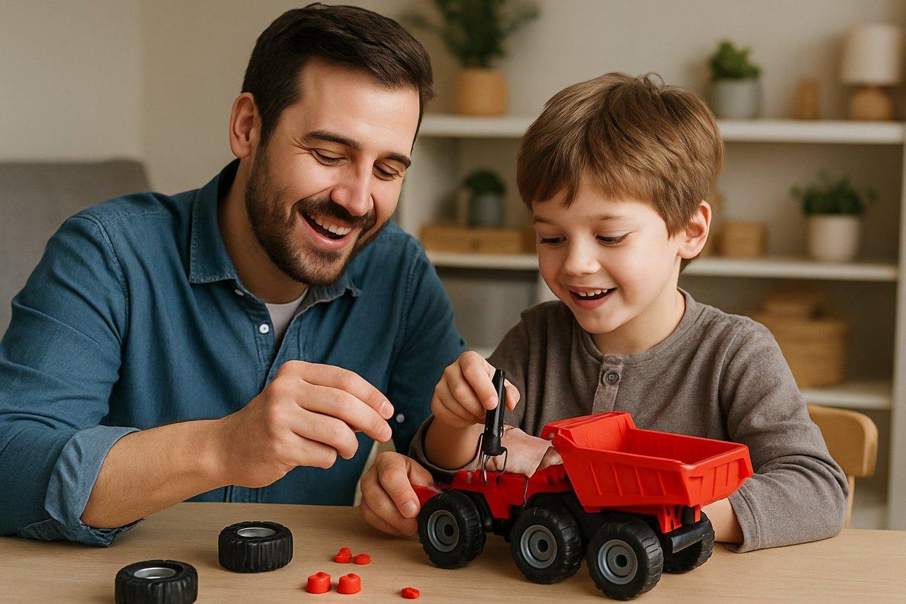 Un parent et un enfant assemblant un Monster Truck miniature avec outils et peinture personnalisée.