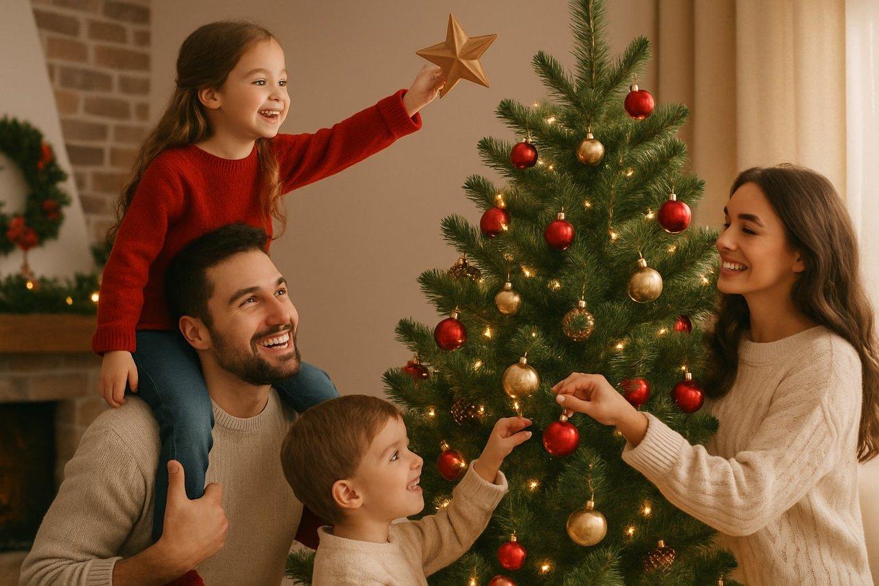 Une famille décorant un sapin de Noël avec des décorations et cadeaux Disney pour les fêtes.