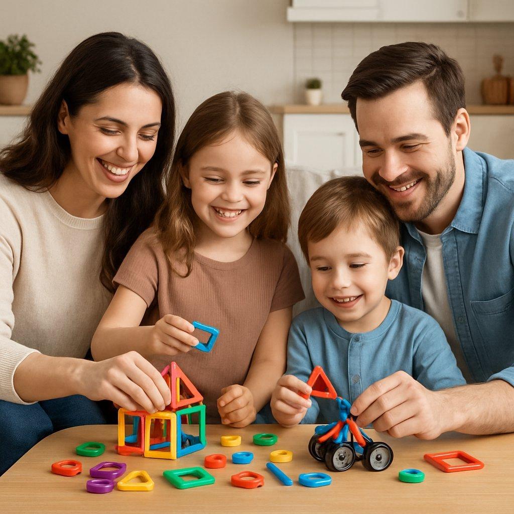 Une famille jouant ensemble avec des magnetic toys dans un salon convivial, rappelant les classiques d'autrefois.