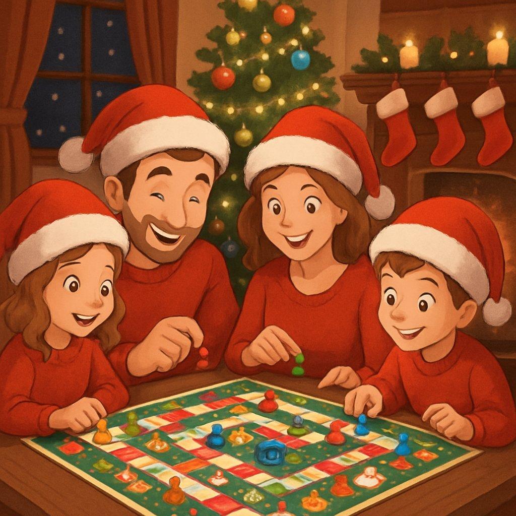 Une famille partage un moment convivial autour de jeux de société de Noël, créant des souvenirs inoubliables.