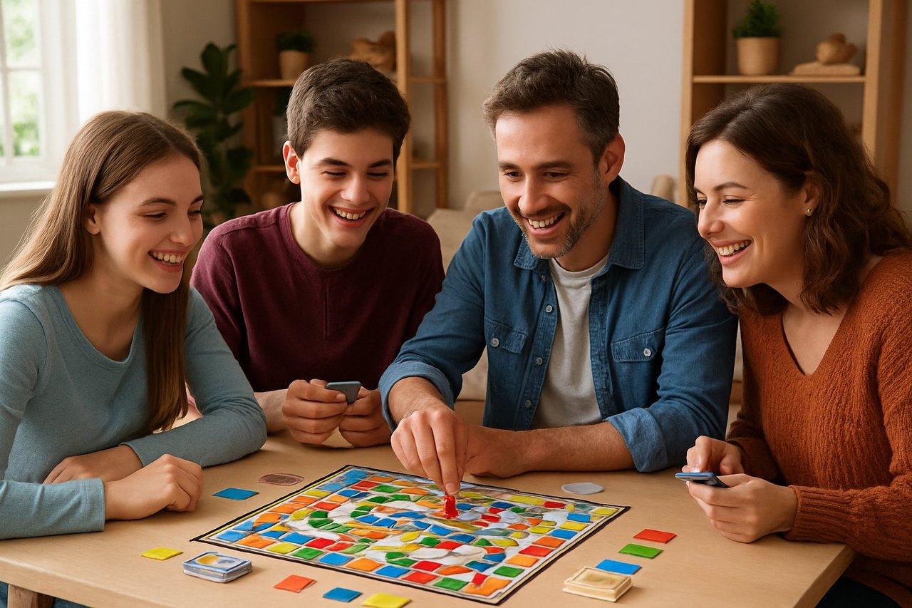 Une table familiale animée avec des adolescents jouant à Dixit, illustrant notre sélection de family board game teenagers.