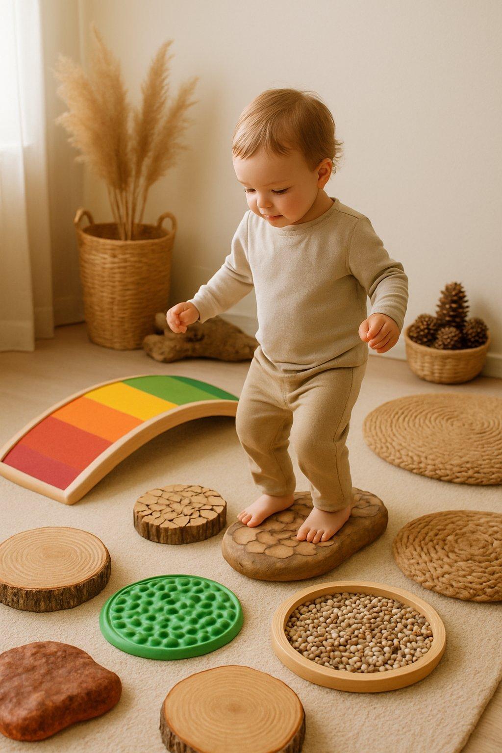 Enfant explorant un parcours de motricité Montessori coloré avec objets naturels variés, textures et formes stimulantes, ambiance lumineuse douce.