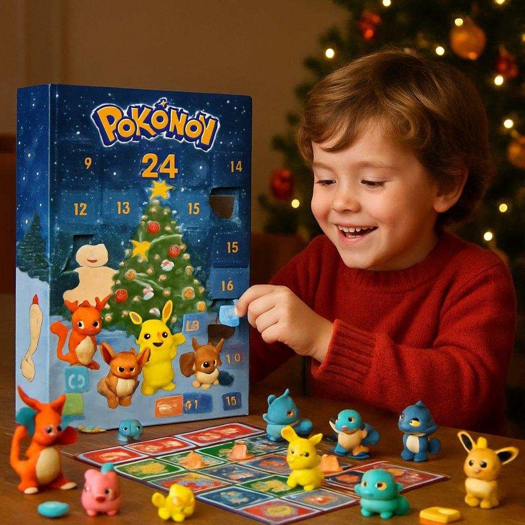Enfant souriant ouvrant une case d’un calendrier de l’Avent Pokémon, entouré de figurines colorées et jeux thématiques, ambiance chaleureuse de Noël.