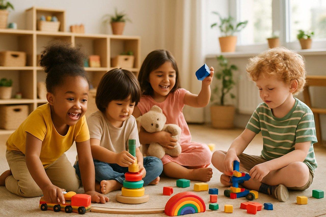 Enfants divers jouant librement avec jouets variés non genrés dans un environnement lumineux et accueillant.