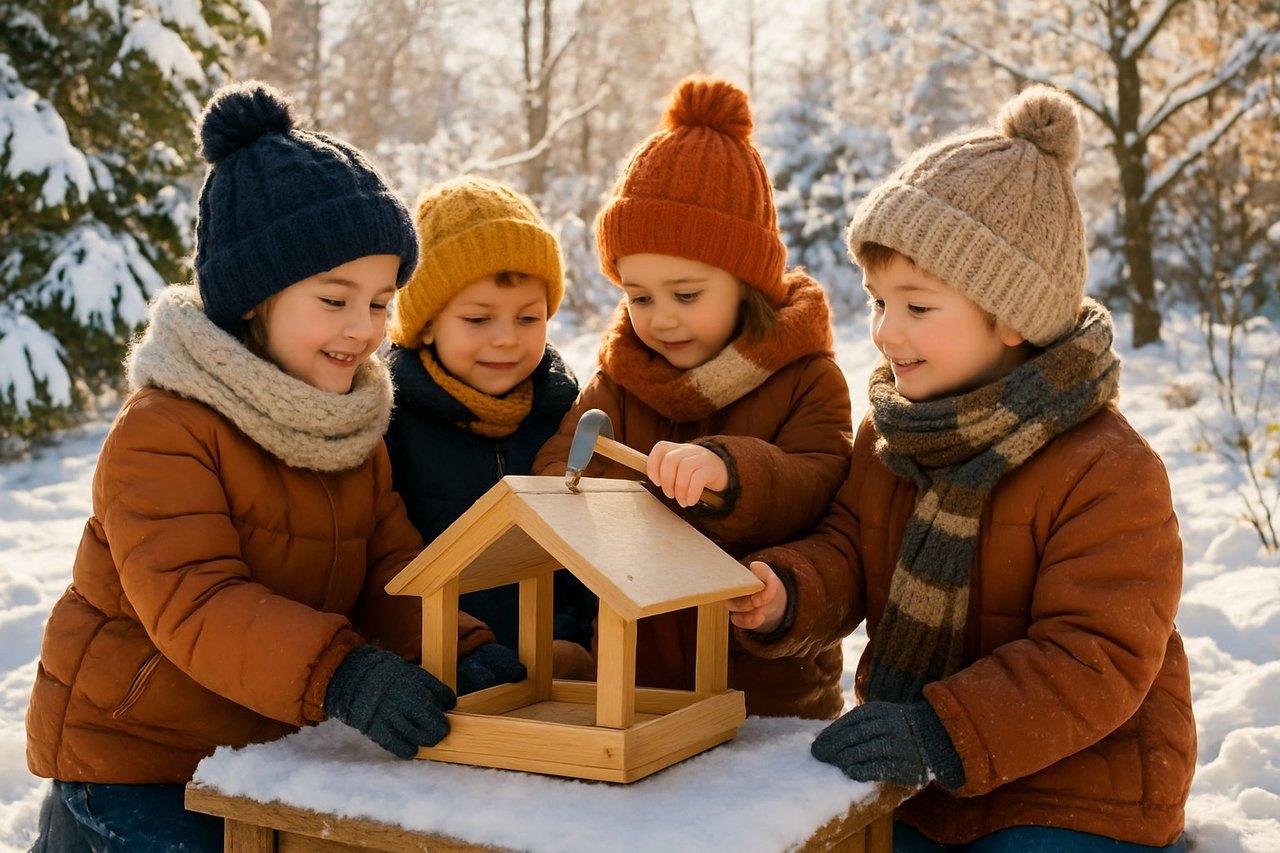 Enfants emmitouflés construisant une mangeoire à oiseaux en bois dans un jardin enneigé, hiver lumineux et éducatif.