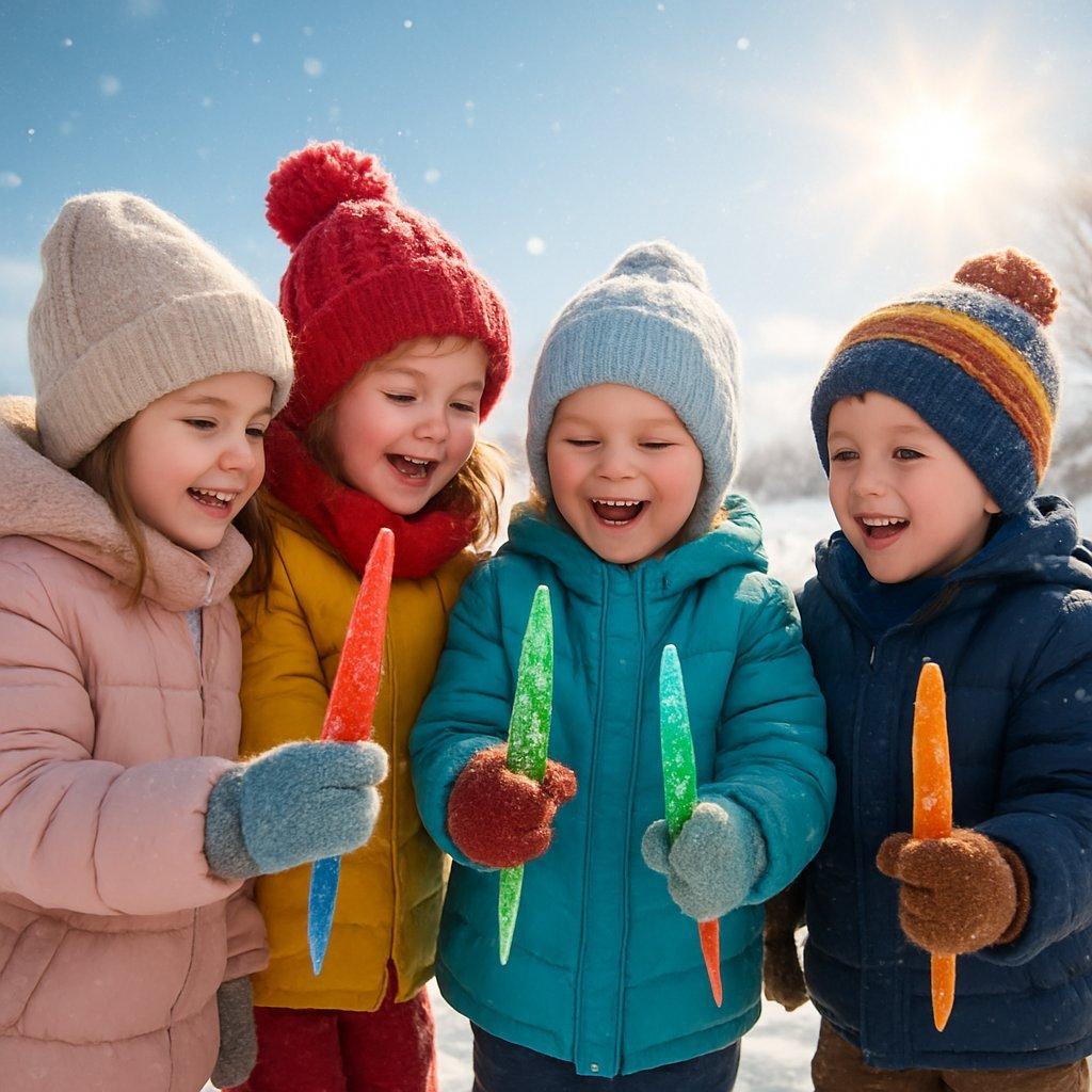 Enfants habillés chaudement jouant dans la neige avec glaçons colorés sous un ciel clair hivernal.
