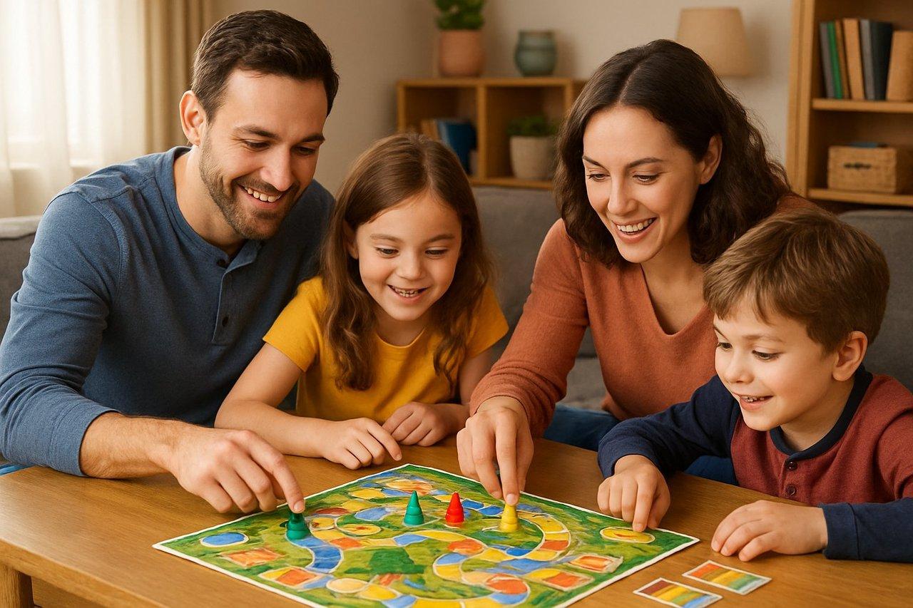 Enfants jouant ensemble autour d’un jeu de plateau coopératif en famille, favorisant la collaboration.