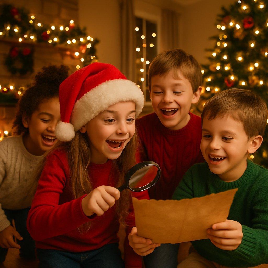 Enfants joyeux cherchant des indices de Noël dans un salon décoré de guirlandes lumineuses et sapin scintillant.