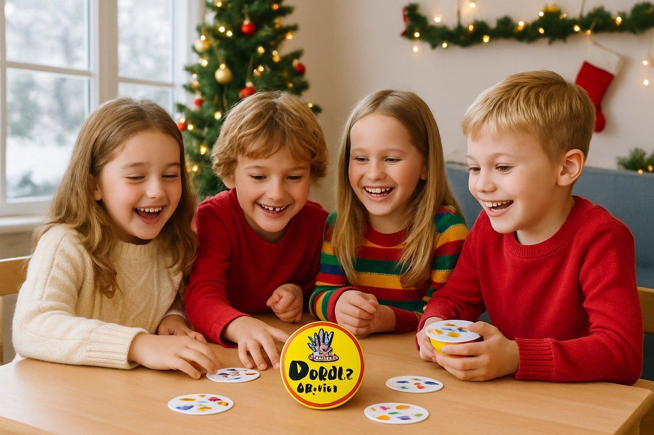 Enfants souriants jouant à Dobble Junior autour d’une table dans un décor hivernal lumineux et joyeux.