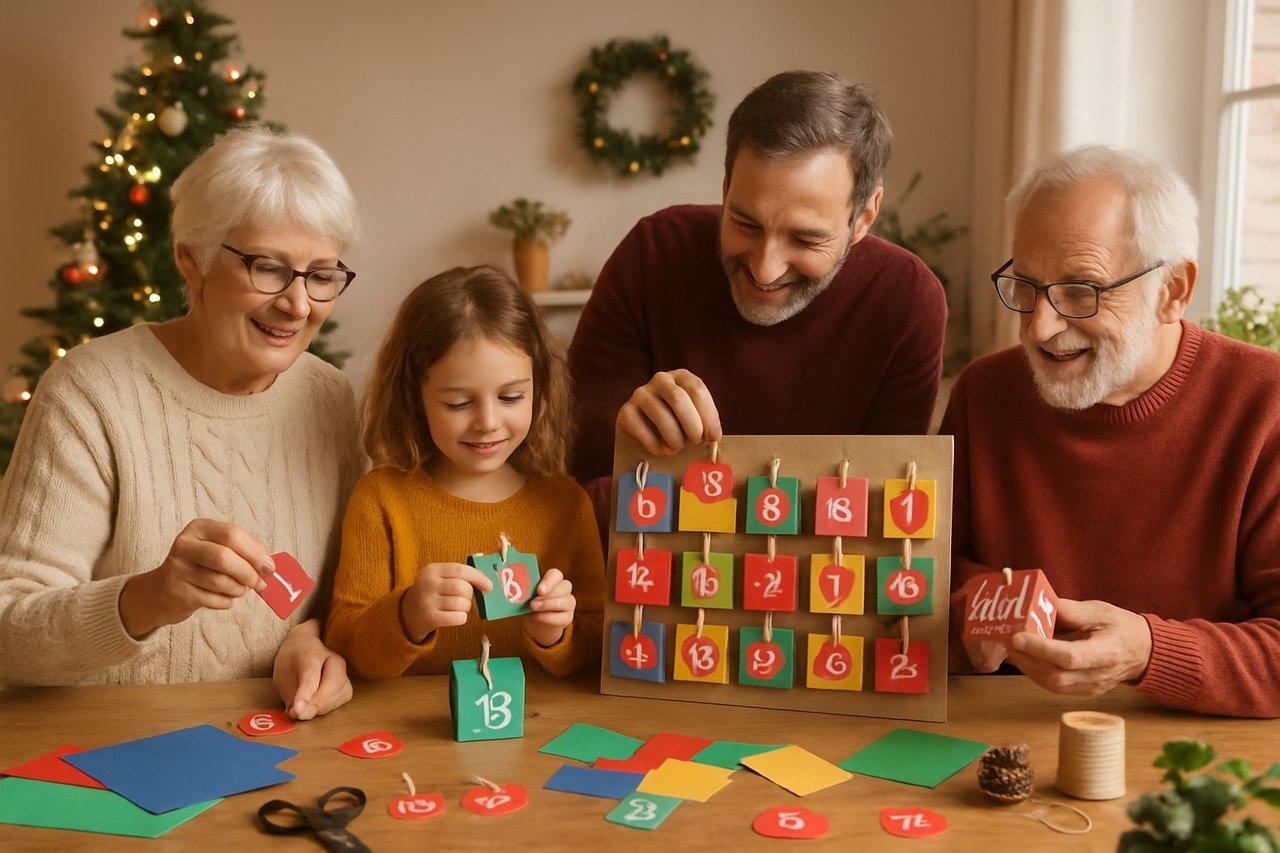 Famille multigénérationnelle créant un calendrier de l’Avent DIY coloré avec matériaux recyclés, ambiance chaleureuse et festive.