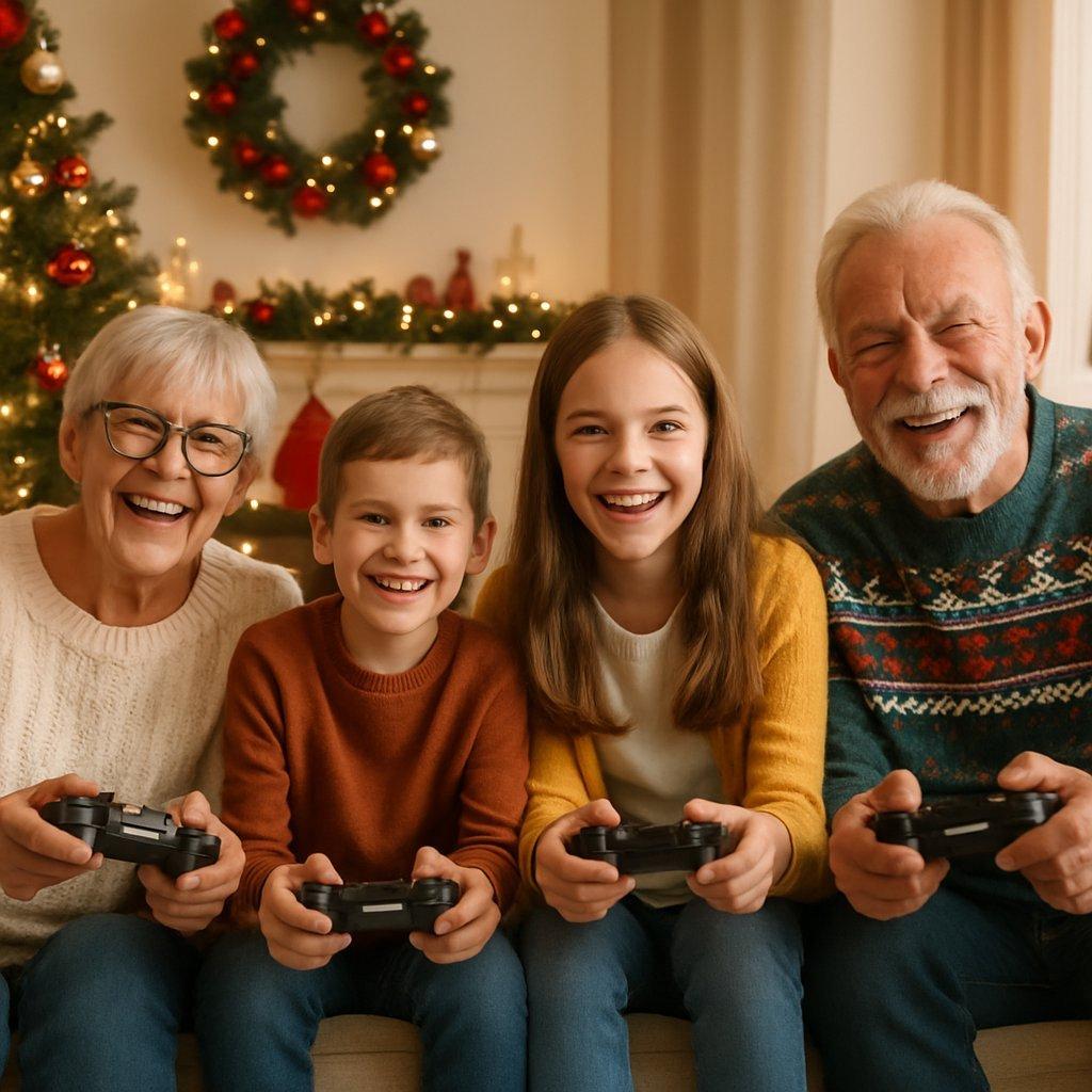 Famille multigénérationnelle souriante jouant ensemble à un jeu vidéo coopératif dans un salon lumineux et chaleureux, décor de Noël festif.