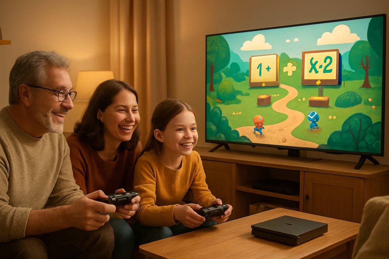 Intérieur chaleureux d'une famille multigénération autour d’une console, jouant à un jeu vidéo éducatif coopératif.