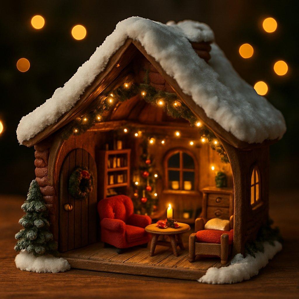 Maison de lutin de Noël miniature avec toit enneigé, intérieur cosy décoré de meubles miniatures et guirlandes LED scintillantes.