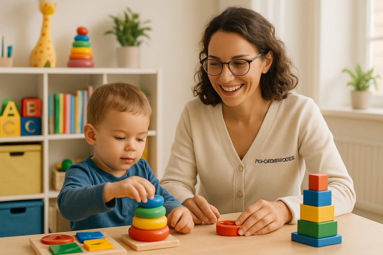 Psychomotricienne souriante accompagnant un enfant avec des jouets éducatifs adaptés dans un environnement chaleureux.